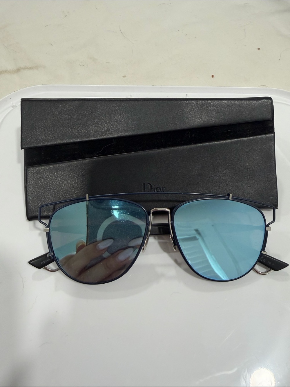 Dior Technologic Blue Mirrored Aviator Sunglasses Black Metal Frame + Case